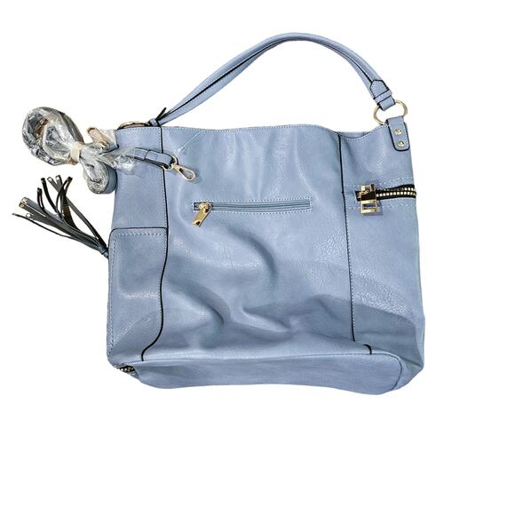 LeMiel Vegan Leather Blue 15" x 16" tote Shoulder Bag - Picture 3 of 12